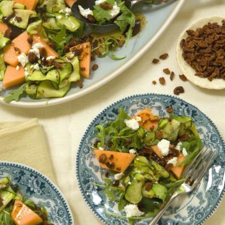 Griddled courgette and melon salad with Madhuka