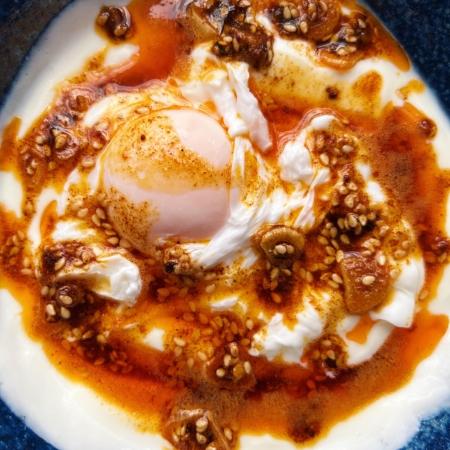Poached eggs, yoghurt and madhuka brown butter sizzle